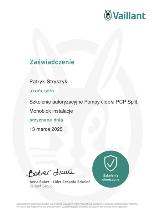 Zaświadczenie Vaillant dla Patryka Stryszyka, szkolenie autoryzacyjne: Pompy ciepła PCP Split i Monoblok, instalacje